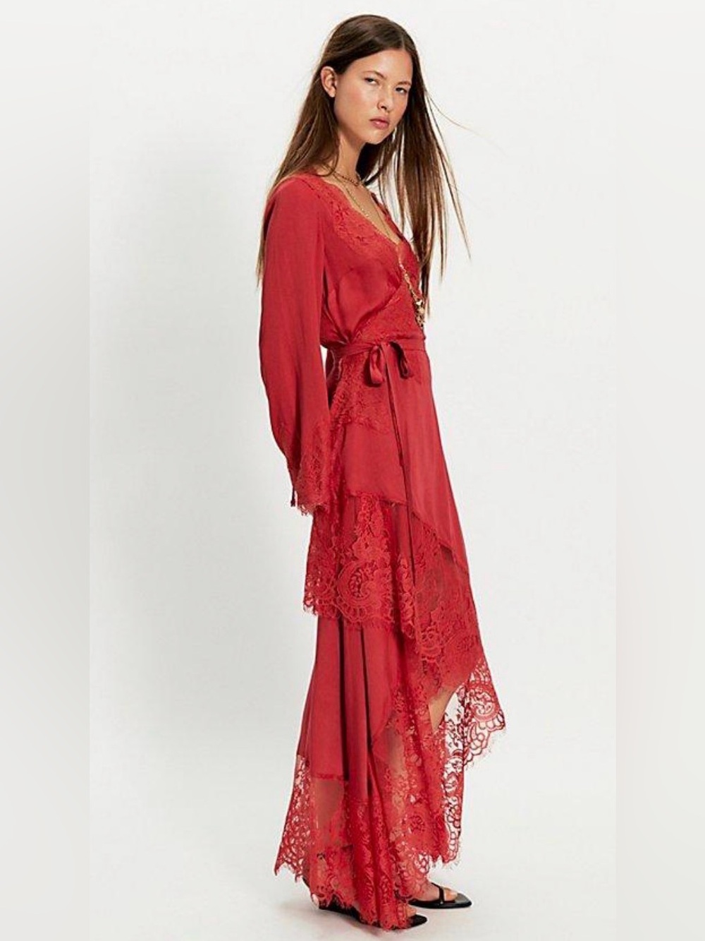 NWT Free People x Nigel Preston Soho Wrap Long Sleeve Midi Dress Red size medium